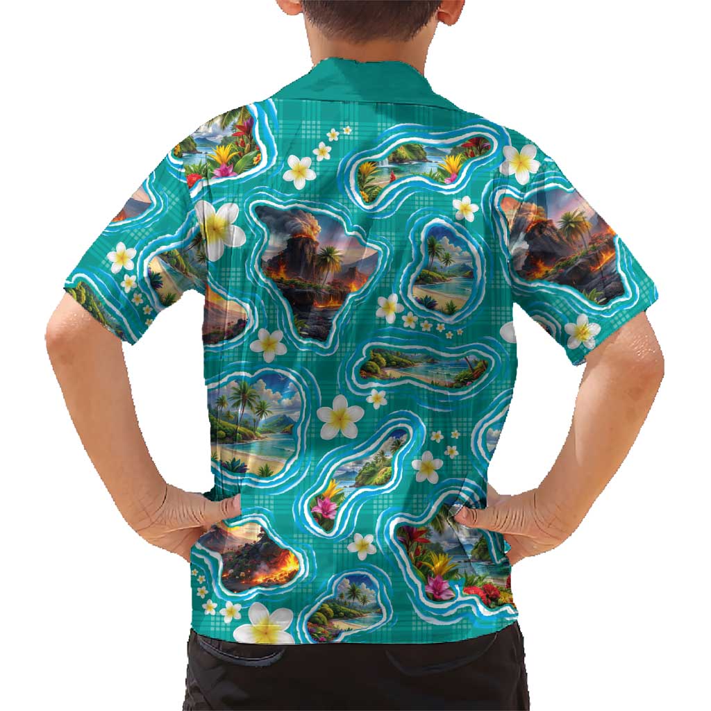 Hawaii Map with Plumeria Flower and Palaka Pattern Family Matching Mermaid Dress and Hawaiian Shirt Tropical Island Teal Design LT03 - Polynesian Pride