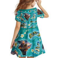 Hawaii Map with Plumeria Flower and Palaka Pattern Family Matching Off The Shoulder Long Sleeve Dress and Hawaiian Shirt Tropical Island Teal Design LT03 - Polynesian Pride