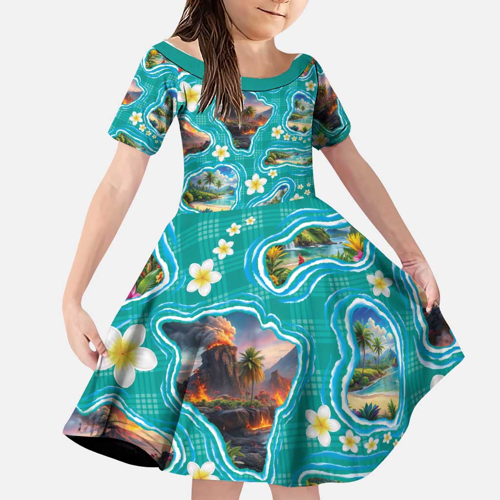 Hawaii Map with Plumeria Flower and Palaka Pattern Family Matching Off Shoulder Maxi Dress and Hawaiian Shirt Tropical Island Teal Design LT03 Daughter's Dress Teal - Polynesian Pride