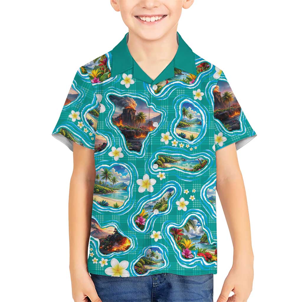 Hawaii Map with Plumeria Flower and Palaka Pattern Family Matching Off Shoulder Short Dress and Hawaiian Shirt Tropical Island Teal Design LT03 Son's Shirt Teal - Polynesian Pride
