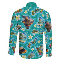 Hawaii Map with Plumeria Flower and Palaka Pattern Family Matching Puletasi and Hawaiian Shirt Tropical Island Teal Design LT03 - Polynesian Pride
