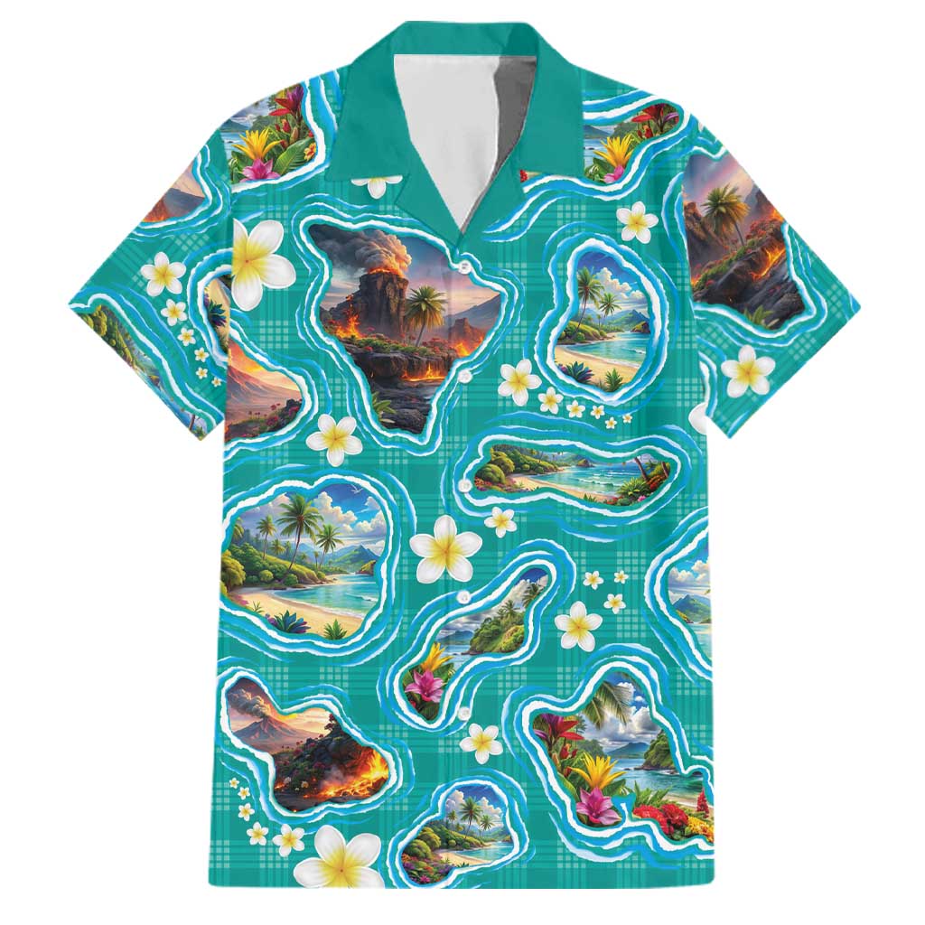 Hawaii Map with Plumeria Flower and Palaka Pattern Family Matching Short Sleeve Bodycon Dress and Hawaiian Shirt Tropical Island Teal Design LT03 Dad's Shirt - Short Sleeve Teal - Polynesian Pride