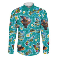 Hawaii Map with Plumeria Flower and Palaka Pattern Family Matching Short Sleeve Bodycon Dress and Hawaiian Shirt Tropical Island Teal Design LT03 Dad's Shirt - Long Sleeve Teal - Polynesian Pride