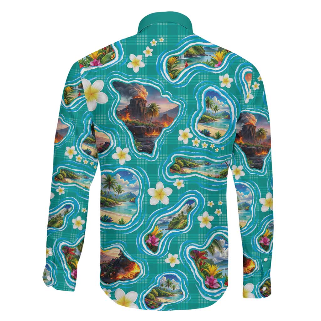 Hawaii Map with Plumeria Flower and Palaka Pattern Family Matching Short Sleeve Bodycon Dress and Hawaiian Shirt Tropical Island Teal Design LT03 - Polynesian Pride