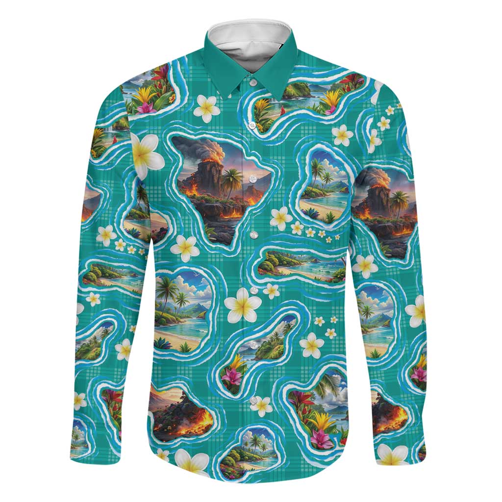 Hawaii Map with Plumeria Flower and Palaka Pattern Family Matching Summer Maxi Dress and Hawaiian Shirt Tropical Island Teal Design LT03 Dad's Shirt - Long Sleeve Teal - Polynesian Pride