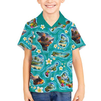 Hawaii Map with Plumeria Flower and Palaka Pattern Family Matching Tank Maxi Dress and Hawaiian Shirt Tropical Island Teal Design LT03 Son's Shirt Teal - Polynesian Pride