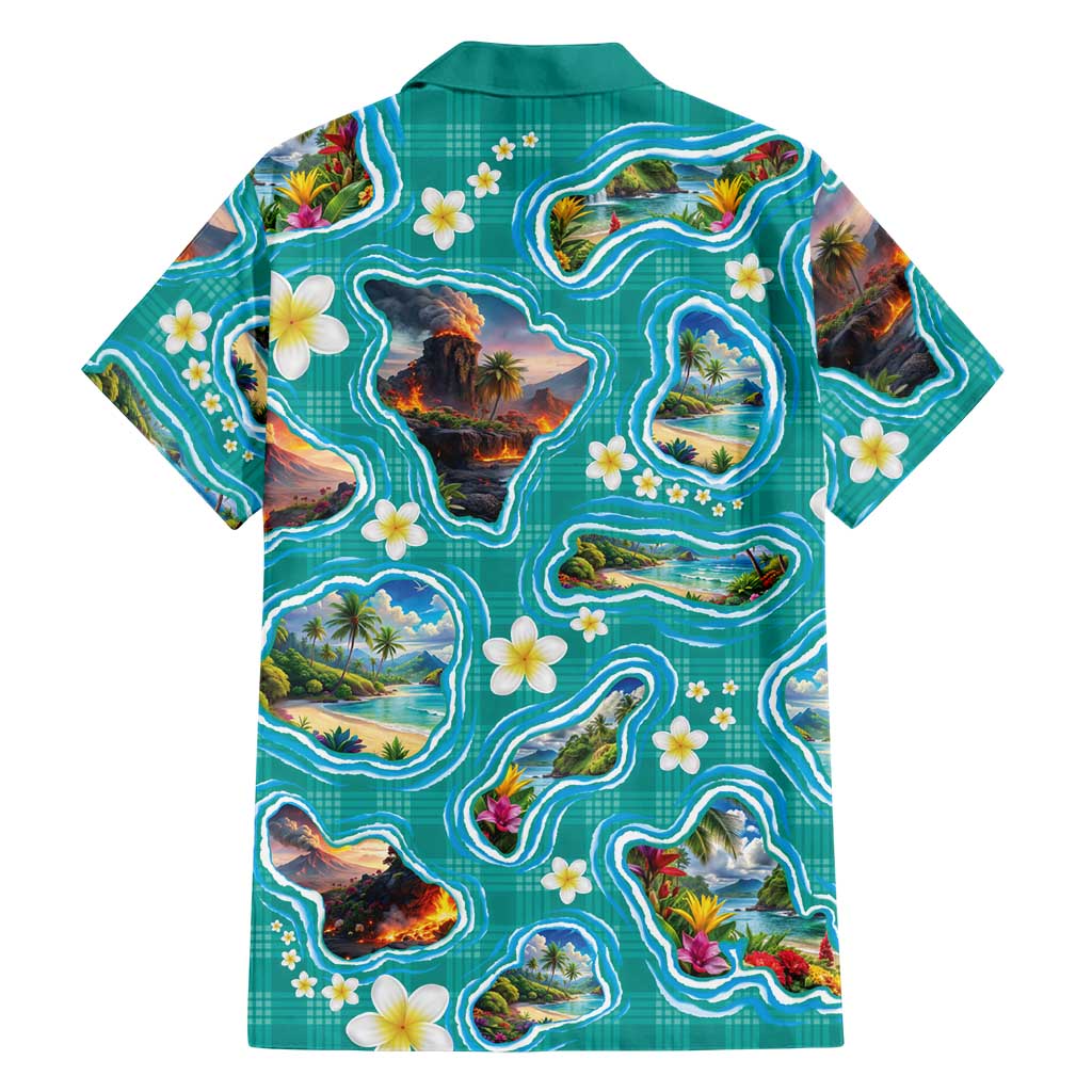 Hawaii Map with Plumeria Flower and Palaka Pattern Hawaiian Shirt Tropical Island Teal Design LT03 - Polynesian Pride
