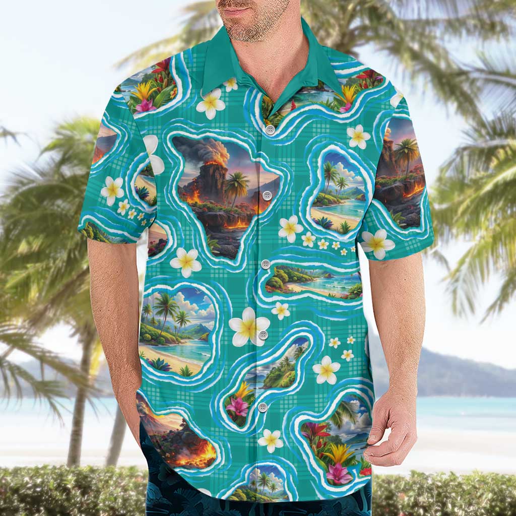 Hawaii Map with Plumeria Flower and Palaka Pattern Hawaiian Shirt Tropical Island Teal Design LT03 - Polynesian Pride