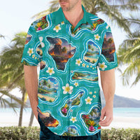 Hawaii Map with Plumeria Flower and Palaka Pattern Hawaiian Shirt Tropical Island Teal Design LT03 - Polynesian Pride