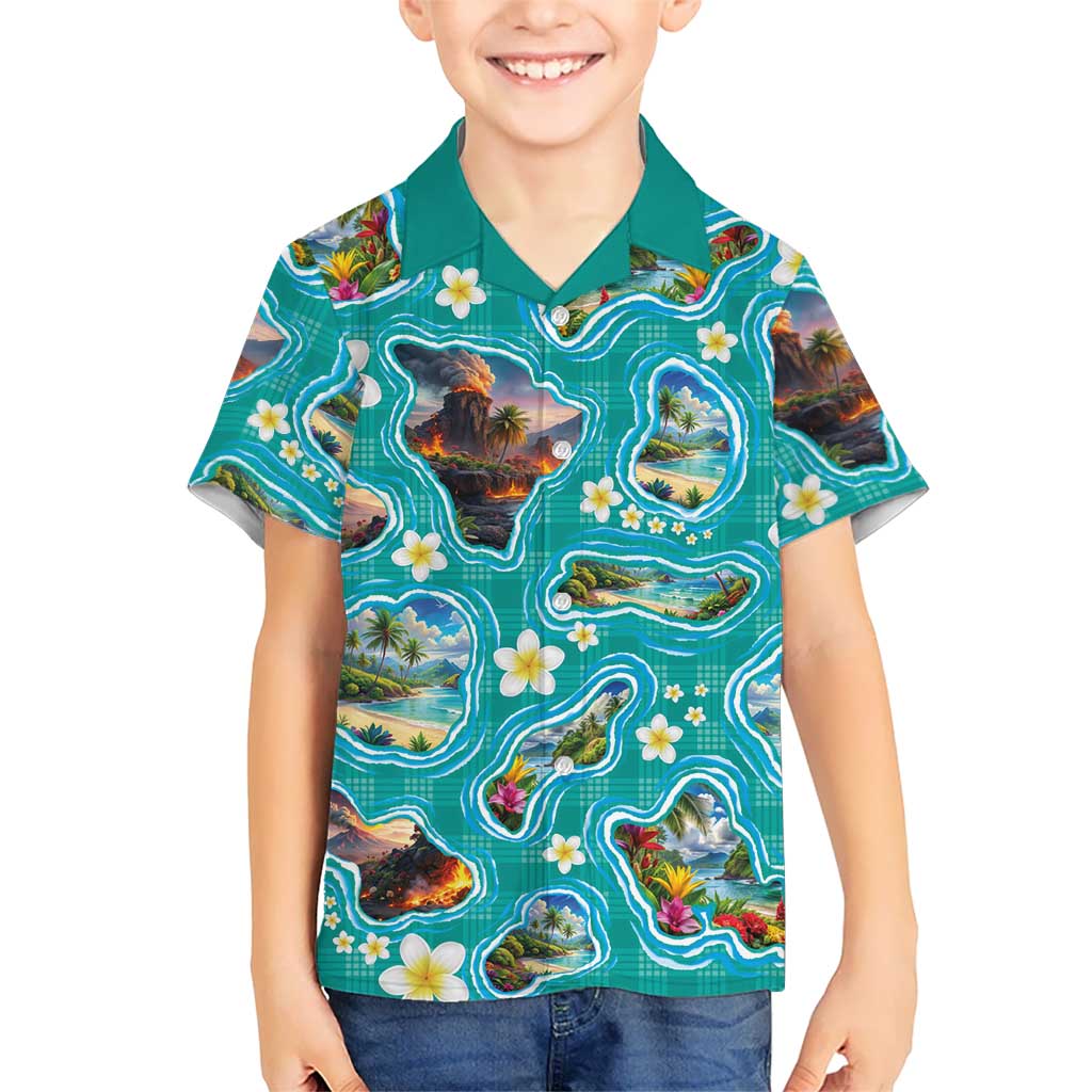 Hawaii Map with Plumeria Flower and Palaka Pattern Hawaiian Shirt Tropical Island Teal Design LT03 - Polynesian Pride