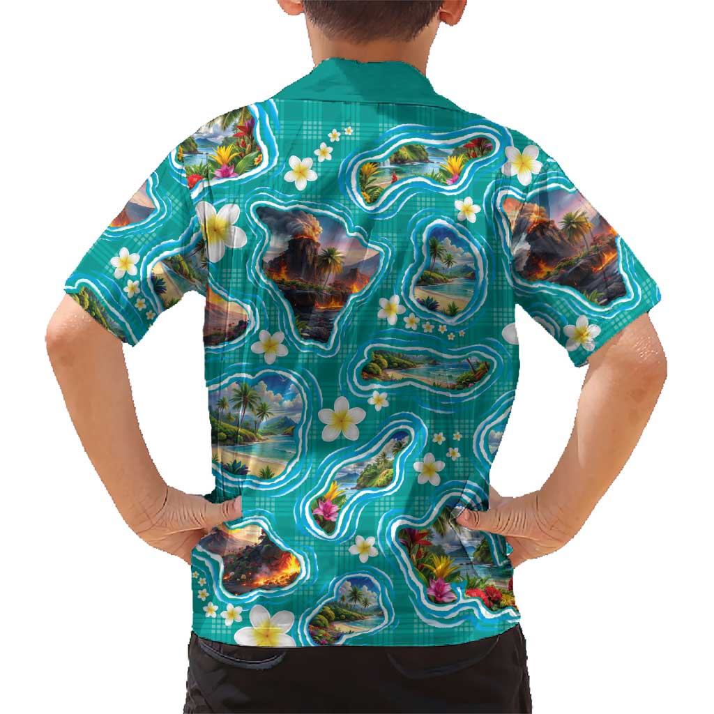 Hawaii Map with Plumeria Flower and Palaka Pattern Hawaiian Shirt Tropical Island Teal Design LT03 - Polynesian Pride