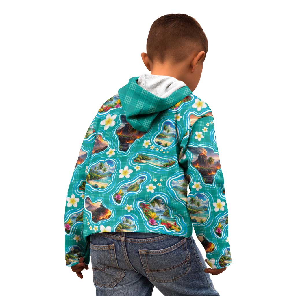 Hawaii Map with Plumeria Flower and Palaka Pattern Kid Hoodie Tropical Island Teal Design LT03 - Polynesian Pride