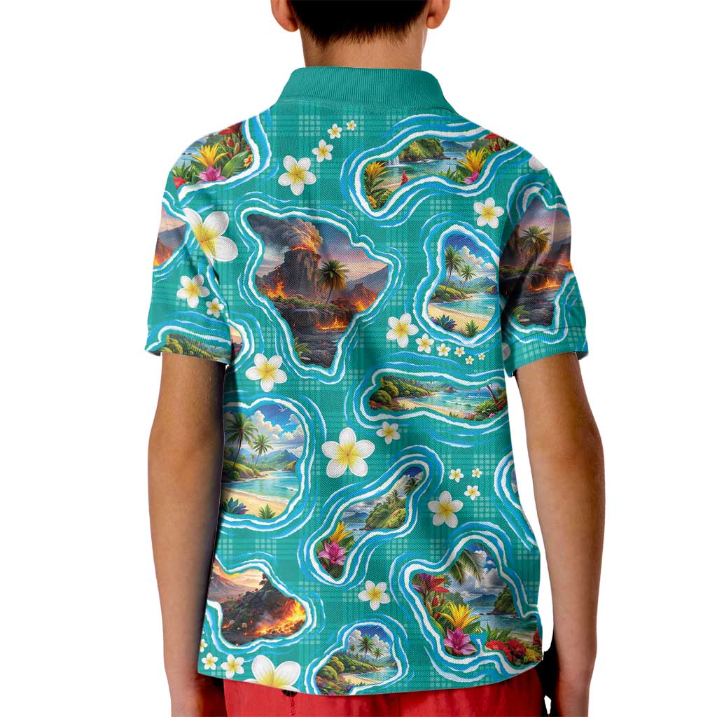 Hawaii Map with Plumeria Flower and Palaka Pattern Kid Polo Shirt Tropical Island Teal Design LT03 - Polynesian Pride