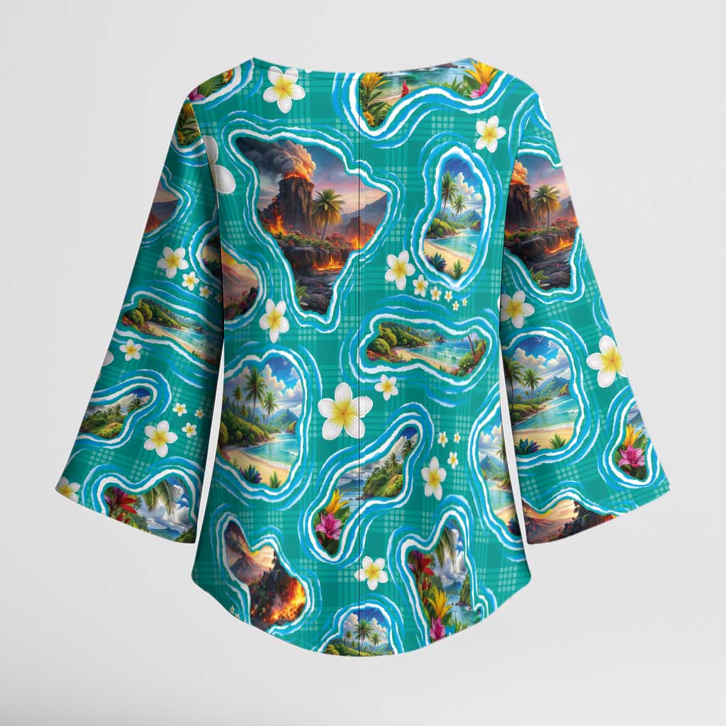 Hawaii Map with Plumeria Flower and Palaka Pattern Kimono Sleeve Blouse Tropical Island Teal Design LT03 - Polynesian Pride