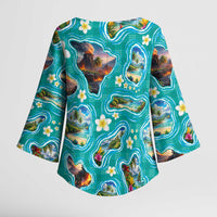 Hawaii Map with Plumeria Flower and Palaka Pattern Kimono Sleeve Blouse Tropical Island Teal Design LT03 - Polynesian Pride