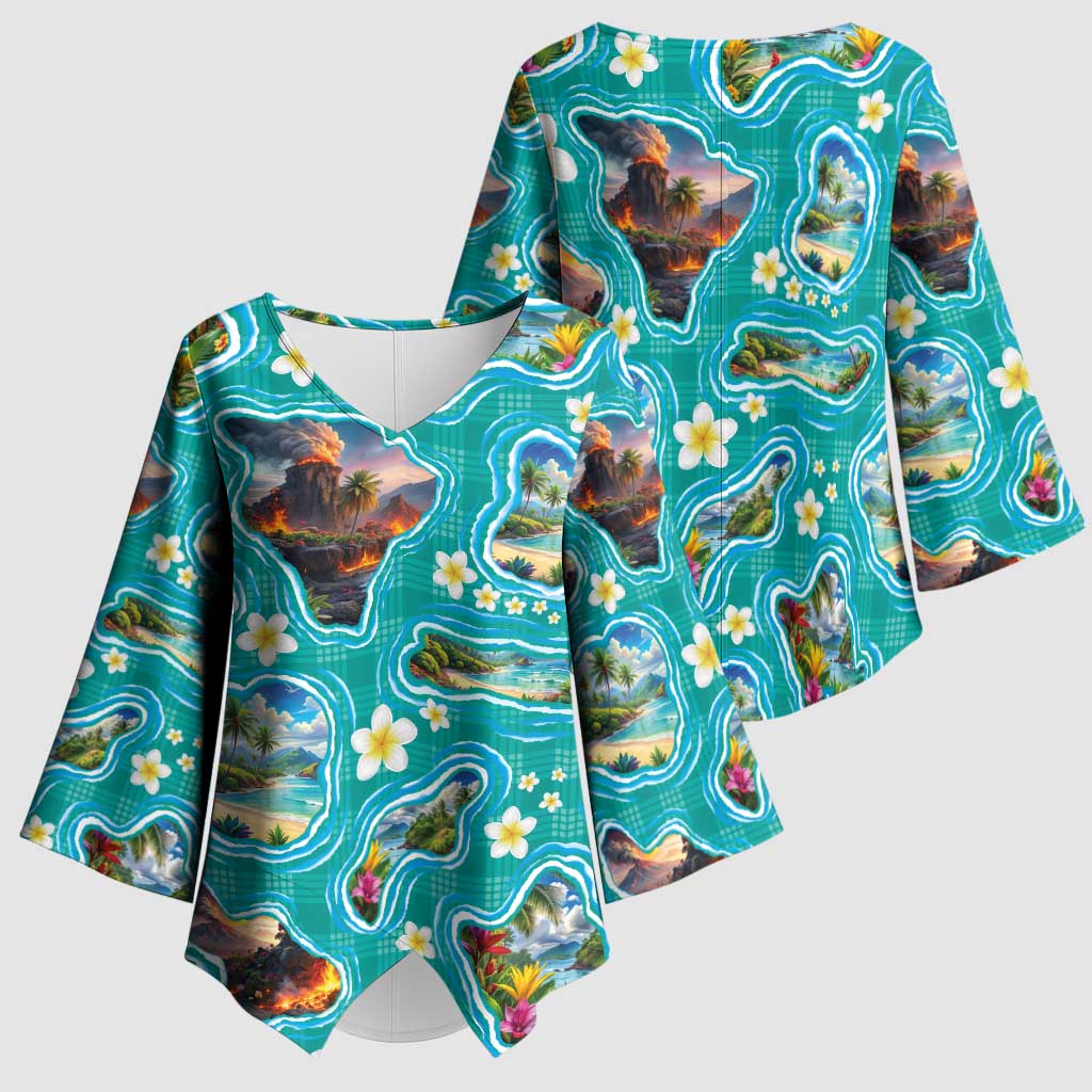 Hawaii Map with Plumeria Flower and Palaka Pattern Kimono Sleeve Blouse Tropical Island Teal Design LT03 - Polynesian Pride