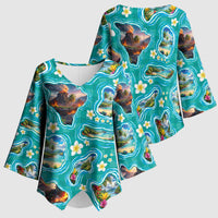 Hawaii Map with Plumeria Flower and Palaka Pattern Kimono Sleeve Blouse Tropical Island Teal Design LT03 - Polynesian Pride