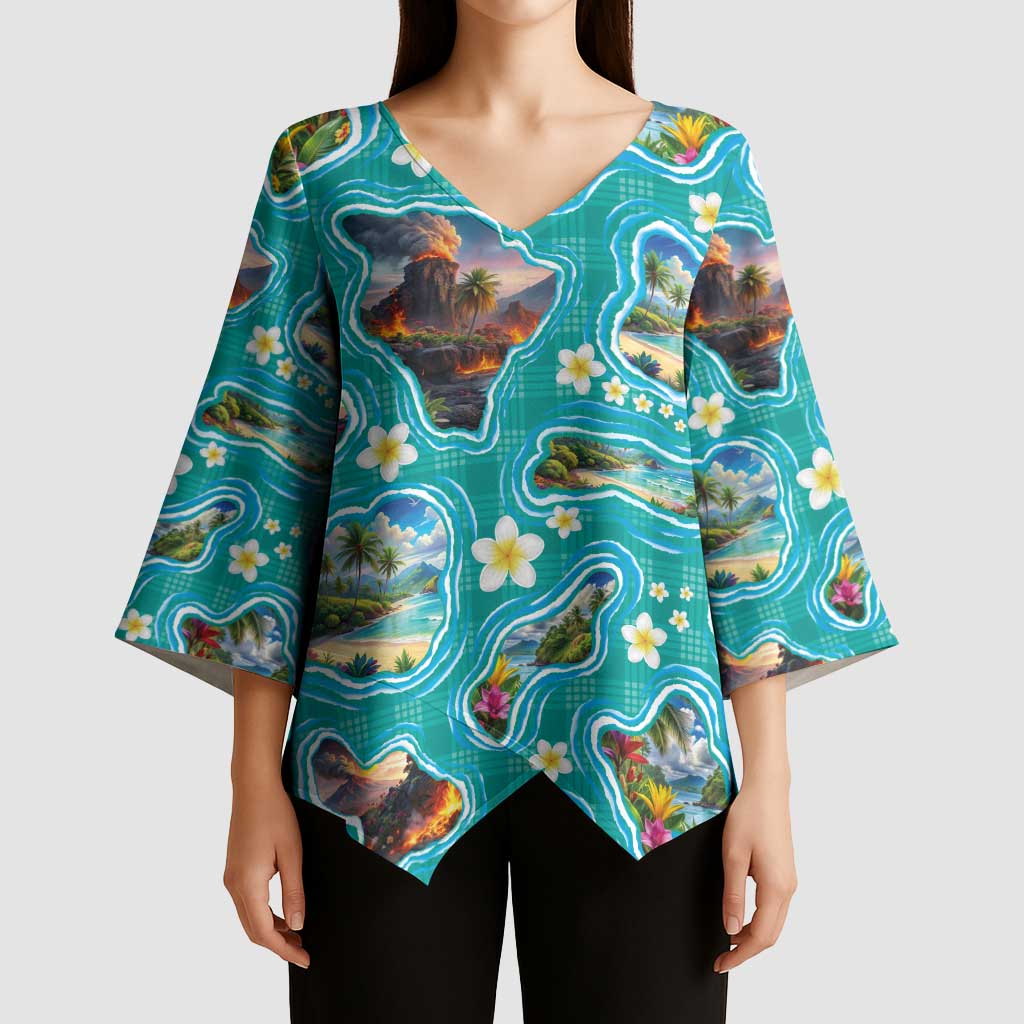 Hawaii Map with Plumeria Flower and Palaka Pattern Kimono Sleeve Blouse Tropical Island Teal Design LT03 - Polynesian Pride