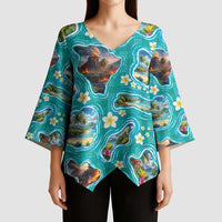 Hawaii Map with Plumeria Flower and Palaka Pattern Kimono Sleeve Blouse Tropical Island Teal Design LT03 - Polynesian Pride