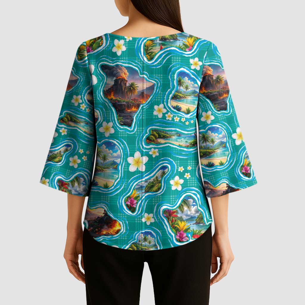 Hawaii Map with Plumeria Flower and Palaka Pattern Kimono Sleeve Blouse Tropical Island Teal Design LT03 - Polynesian Pride