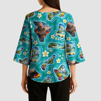 Hawaii Map with Plumeria Flower and Palaka Pattern Kimono Sleeve Blouse Tropical Island Teal Design LT03 - Polynesian Pride