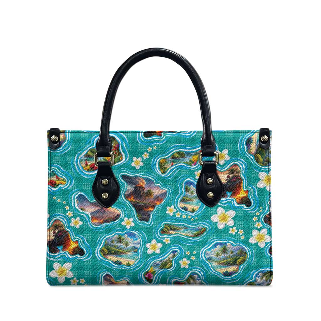 Hawaii Map with Plumeria Flower and Palaka Pattern Leather Bag Tropical Island Teal Design LT03 - Polynesian Pride