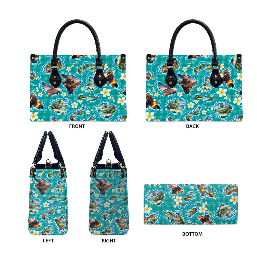 Hawaii Map with Plumeria Flower and Palaka Pattern Leather Bag Tropical Island Teal Design LT03 - Polynesian Pride