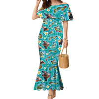 Hawaii Map with Plumeria Flower and Palaka Pattern Mermaid Dress Tropical Island Teal Design LT03 Women Teal - Polynesian Pride