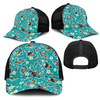 Hawaii Map with Plumeria Flower and Palaka Pattern Mesh Trucker Cap Tropical Island Teal Design LT03 - Polynesian Pride