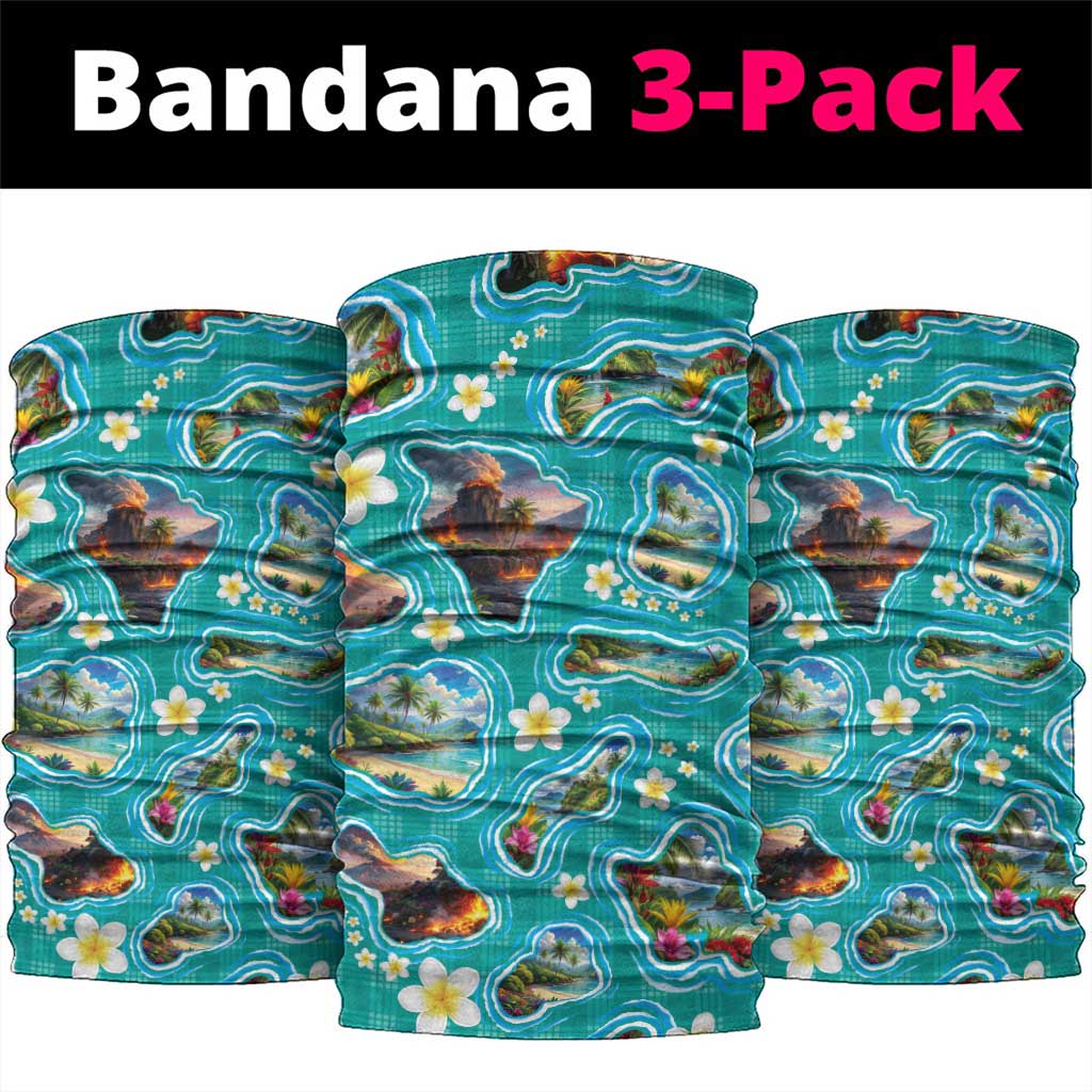 Hawaii Map with Plumeria Flower and Palaka Pattern Neck Gaiter Tropical Island Teal Design LT03 package One Size: 25*50cm Teal - Polynesian Pride