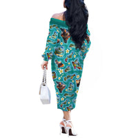 Hawaii Map with Plumeria Flower and Palaka Pattern Off The Shoulder Long Sleeve Dress Tropical Island Teal Design LT03 - Polynesian Pride
