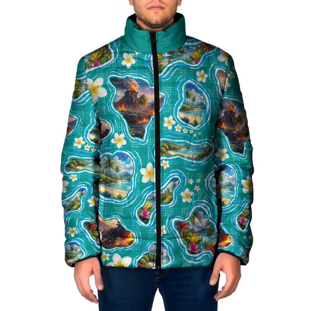 Hawaii Map with Plumeria Flower and Palaka Pattern Padded Jacket Tropical Island Teal Design LT03 Men Teal - Polynesian Pride