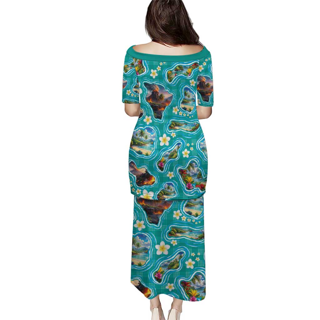 Hawaii Map with Plumeria Flower and Palaka Pattern Puletasi Tropical Island Teal Design LT03 - Polynesian Pride