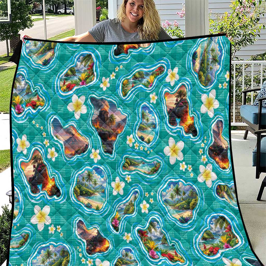 Hawaii Map with Plumeria Flower and Palaka Pattern Quilt Tropical Island Teal Design LT03 Teal - Polynesian Pride