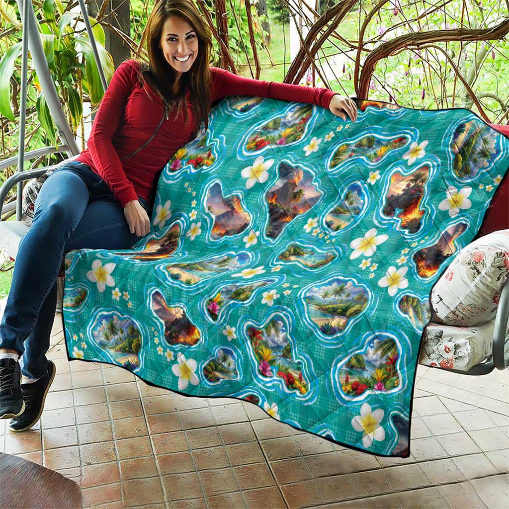 Hawaii Map with Plumeria Flower and Palaka Pattern Quilt Tropical Island Teal Design LT03 - Polynesian Pride