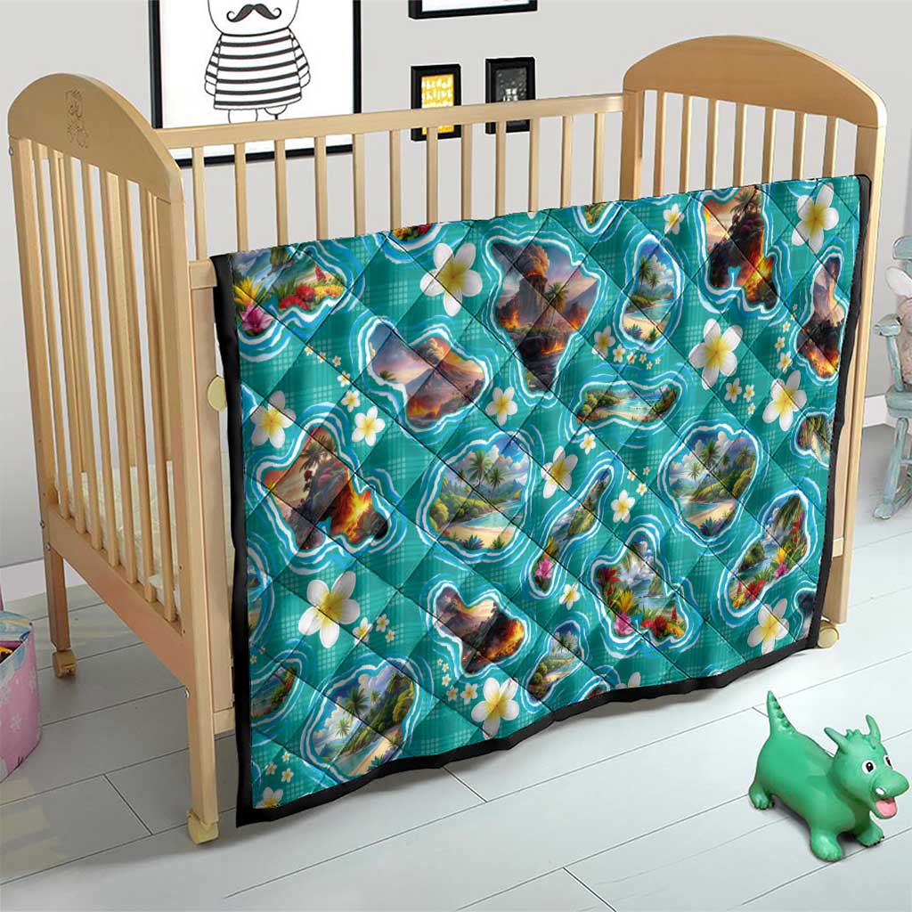 Hawaii Map with Plumeria Flower and Palaka Pattern Quilt Tropical Island Teal Design LT03 - Polynesian Pride