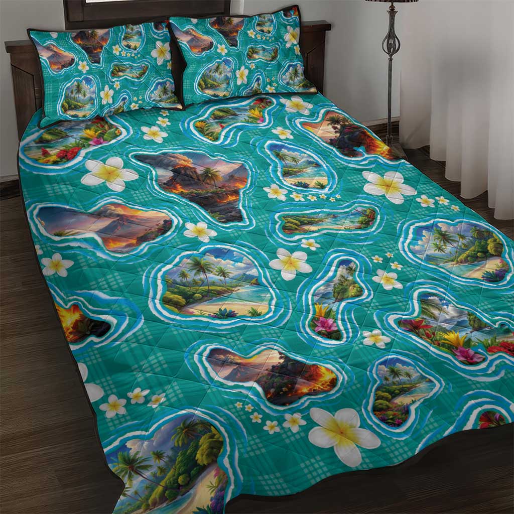 Hawaii Map with Plumeria Flower and Palaka Pattern Quilt Bed Set Tropical Island Teal Design LT03 Teal - Polynesian Pride