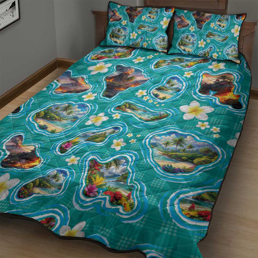 Hawaii Map with Plumeria Flower and Palaka Pattern Quilt Bed Set Tropical Island Teal Design LT03 - Polynesian Pride