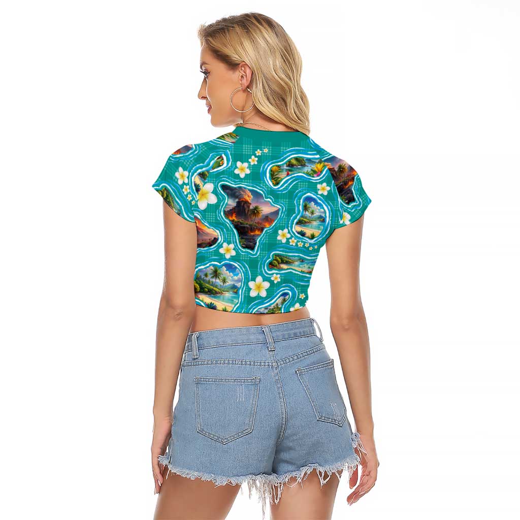 Hawaii Map with Plumeria Flower and Palaka Pattern Raglan Cropped T Shirt Tropical Island Teal Design LT03 - Polynesian Pride