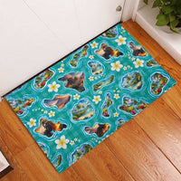 Hawaii Map with Plumeria Flower and Palaka Pattern Rubber Doormat Tropical Island Teal Design LT03 - Polynesian Pride