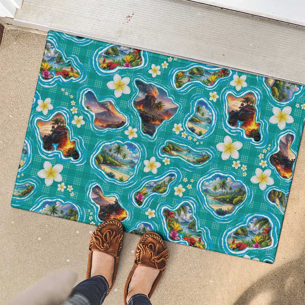 Hawaii Map with Plumeria Flower and Palaka Pattern Rubber Doormat Tropical Island Teal Design LT03 - Polynesian Pride