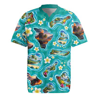 Hawaii Map with Plumeria Flower and Palaka Pattern Rugby Jersey Tropical Island Teal Design LT03 Teal - Polynesian Pride