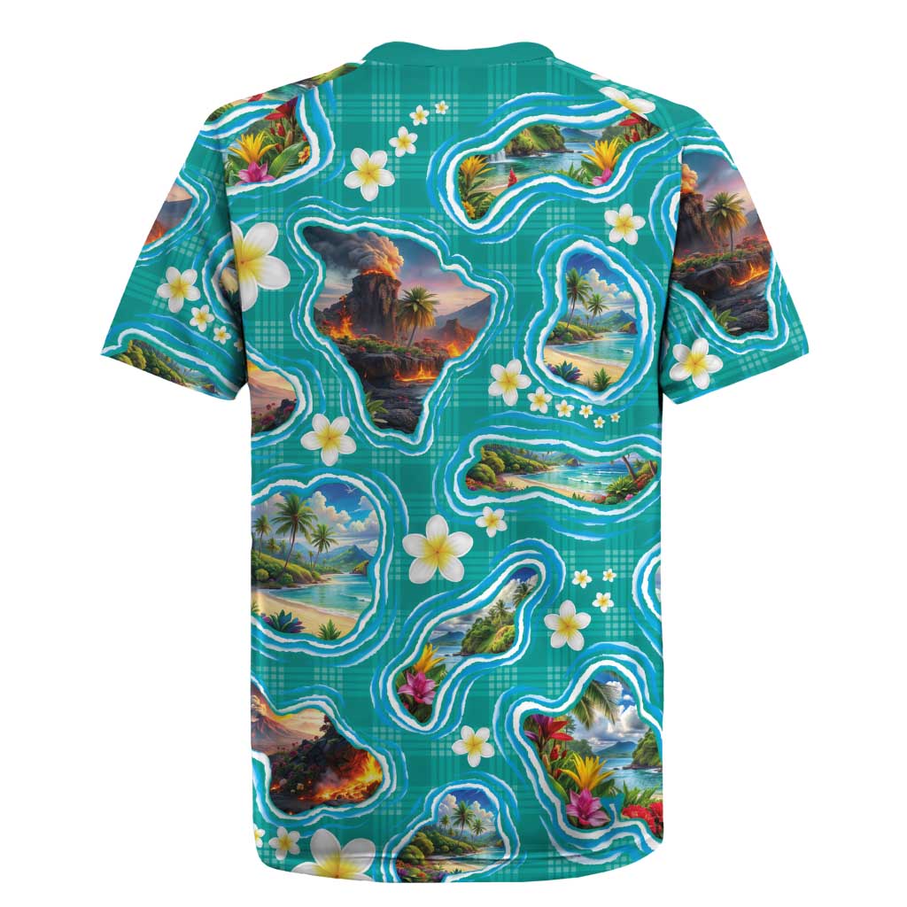 Hawaii Map with Plumeria Flower and Palaka Pattern Rugby Jersey Tropical Island Teal Design LT03 - Polynesian Pride