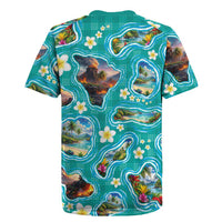 Hawaii Map with Plumeria Flower and Palaka Pattern Rugby Jersey Tropical Island Teal Design LT03 - Polynesian Pride