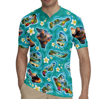 Hawaii Map with Plumeria Flower and Palaka Pattern Rugby Jersey Tropical Island Teal Design LT03 - Polynesian Pride