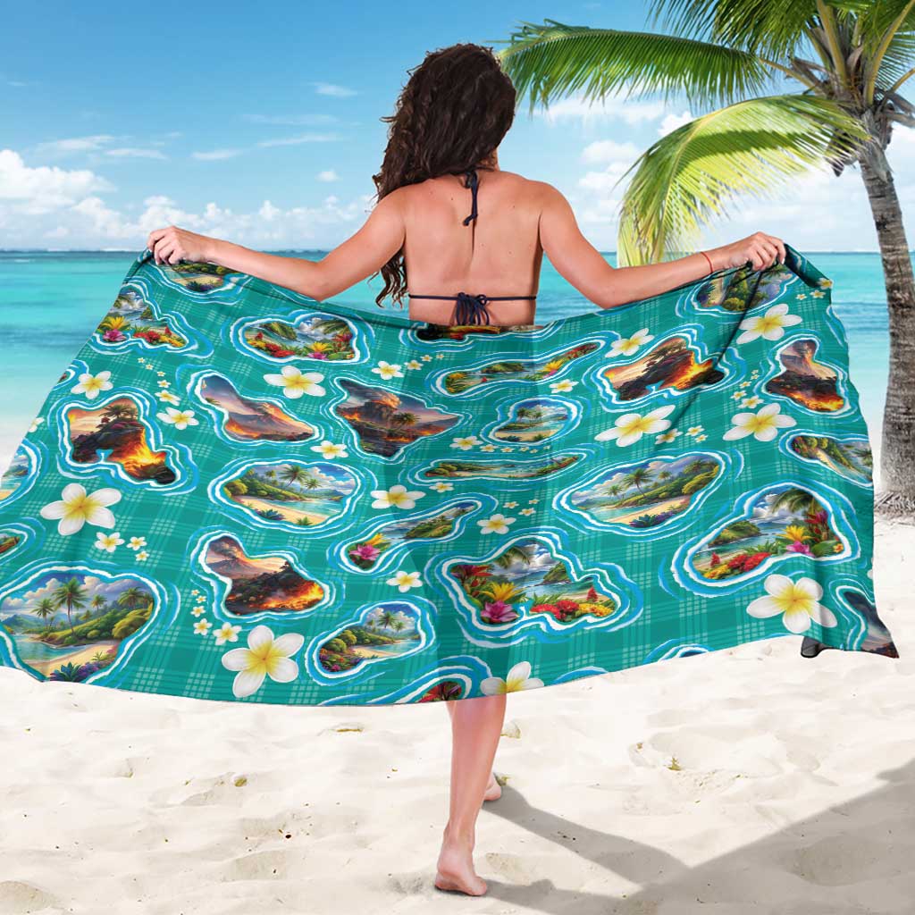 Hawaii Map with Plumeria Flower and Palaka Pattern Sarong Tropical Island Teal Design LT03 - Polynesian Pride