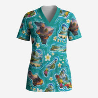 Hawaii Map with Plumeria Flower and Palaka Pattern Scrub Top Tropical Island Teal Design LT03 Adult Teal - Polynesian Pride