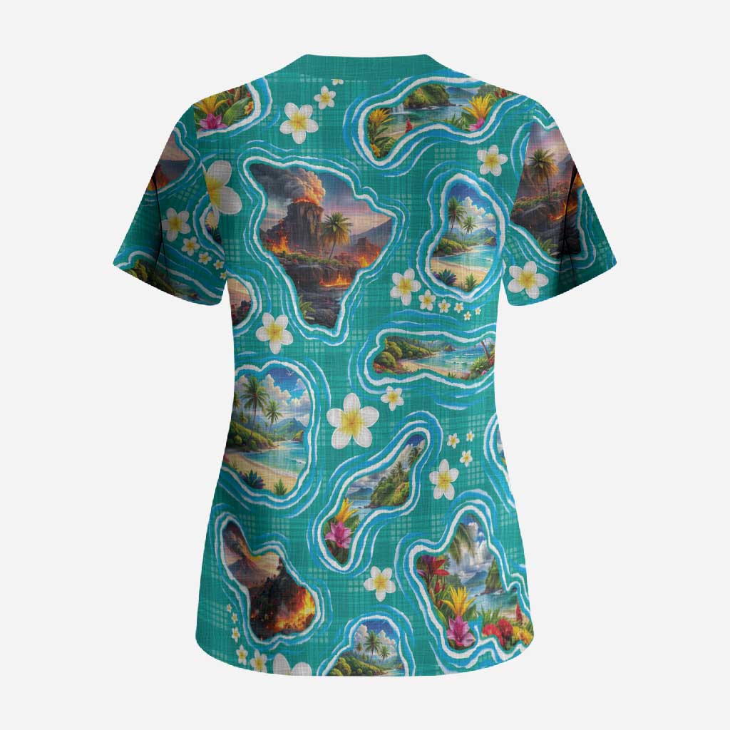 Hawaii Map with Plumeria Flower and Palaka Pattern Scrub Top Tropical Island Teal Design LT03 - Polynesian Pride