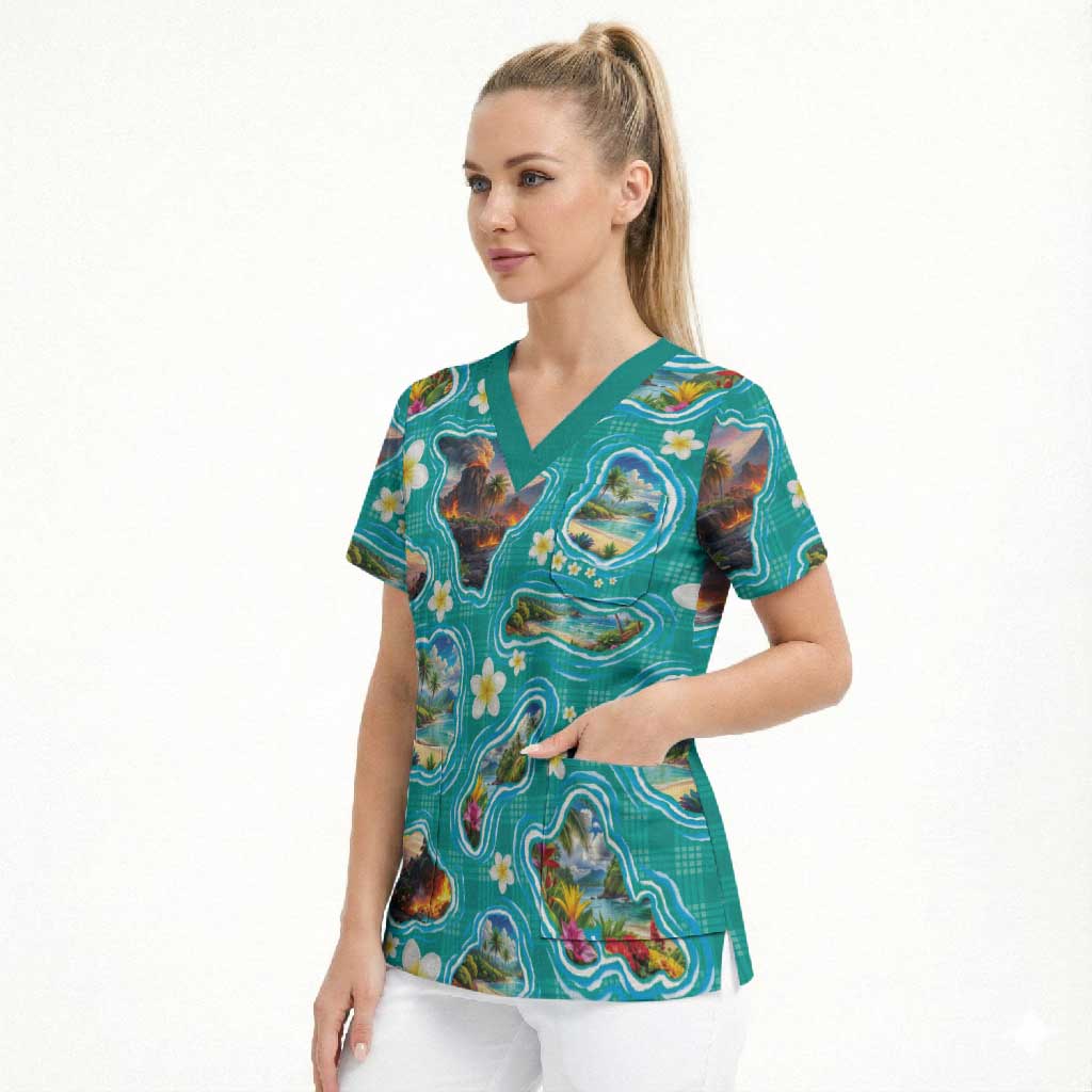 Hawaii Map with Plumeria Flower and Palaka Pattern Scrub Top Tropical Island Teal Design LT03 - Polynesian Pride