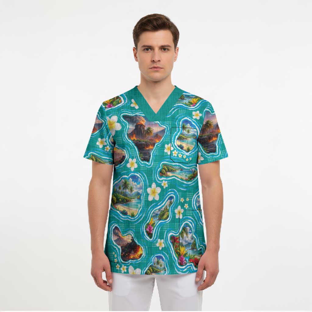 Hawaii Map with Plumeria Flower and Palaka Pattern Scrub Top Tropical Island Teal Design LT03 - Polynesian Pride